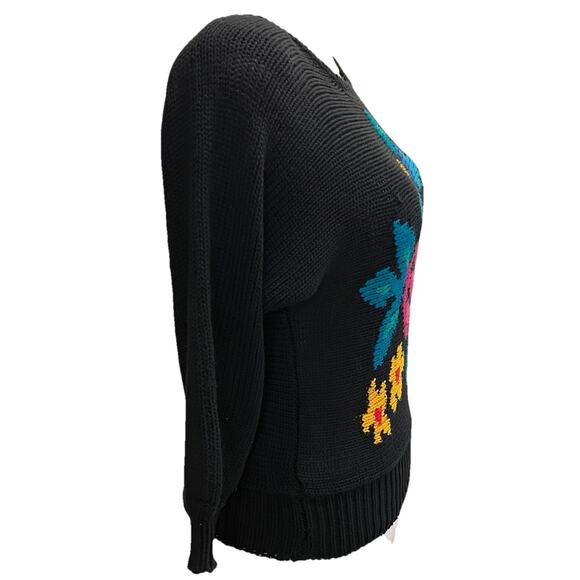 Jimmy Garcia NY Womens Sweater Vtg M Hand Loomed Black Floral Shoulder Pads 80s - Picture 3 of 8